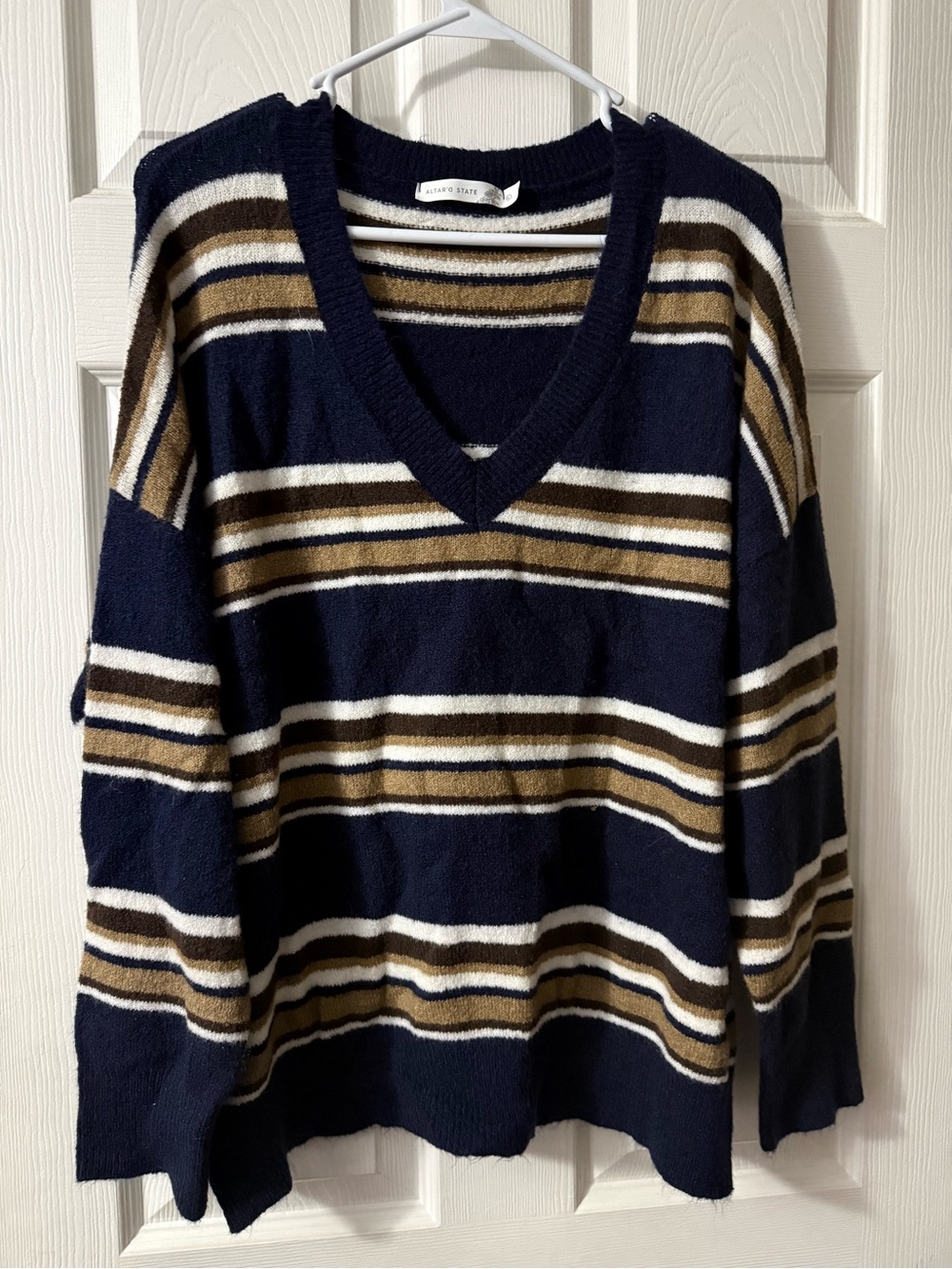 Women’s Large Altar'd State Navy, Brown & White Striped V-Neck Sweater